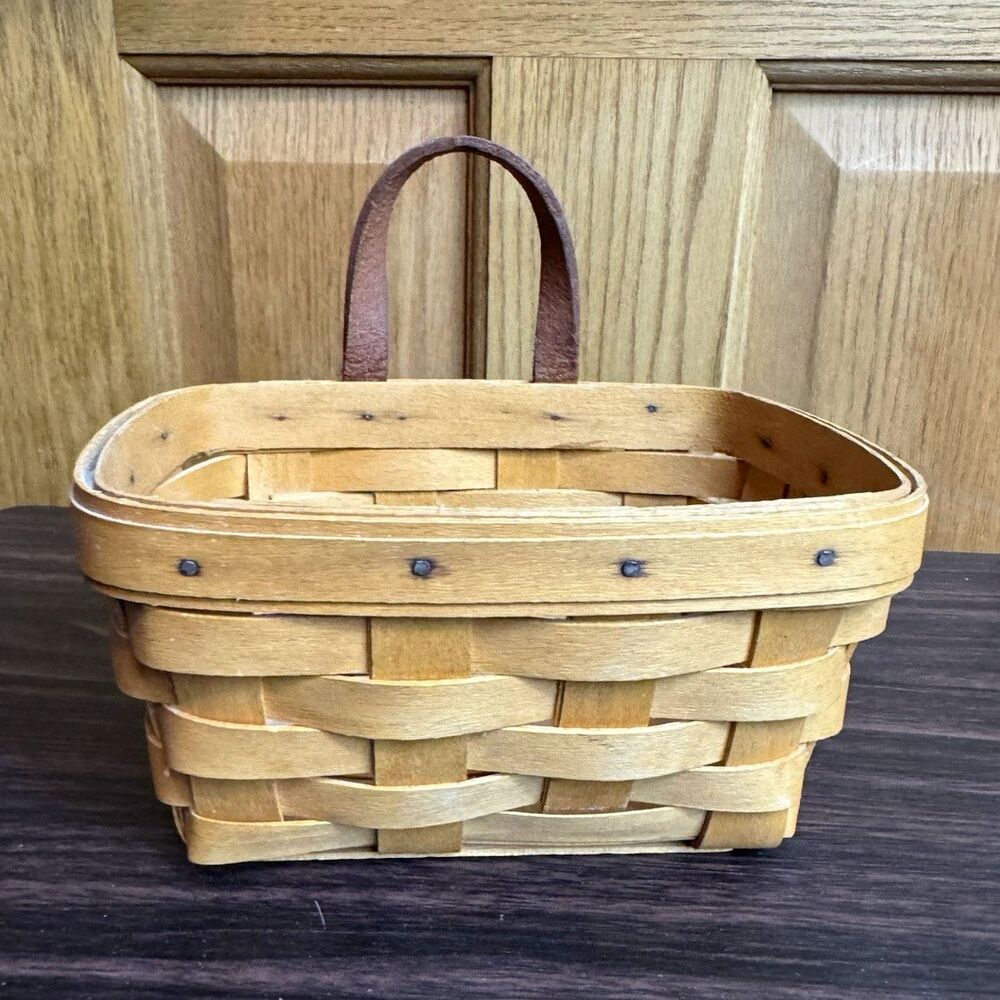 Longaberger Handwoven Small Brown Rectangle Storage Basket Leather Handle 2001